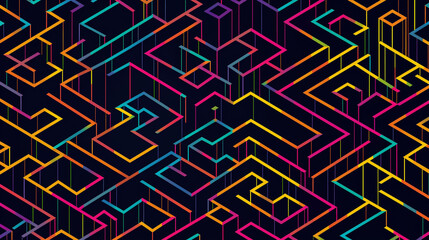 Black background with colorful lines in the shape of isometric squares, arranged horizontally and vertically to form a maze pattern. 