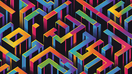 Canvas Print - Black background with colorful lines in the shape of isometric squares, arranged horizontally and vertically to form a maze pattern. 