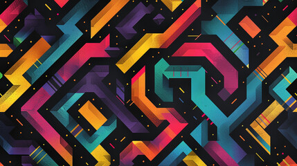 Black background with colorful lines in the shape of isometric squares, arranged horizontally and vertically to form a maze pattern. 