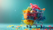 A shopping cart full of colorful items with bright colors exploding out of it.