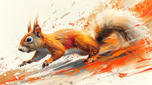 A Squirrel With A White Background And Orange Splatter Paint.