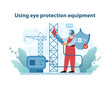 Workplace Eye Safety Illustration. A worker in protective gear uses equipment on a construction site.