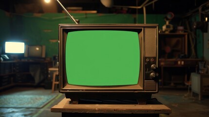 antique Retro old television with chroma key green screen