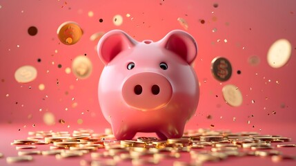 A piggy bank, surrounded by various coins and colors, inspires savings as a financial element for income boost in bank marketing. Cash deposits trade bokeh lights evoking prosperity.