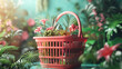 Pink plastic shopping basket with tropical flowers and leaves.