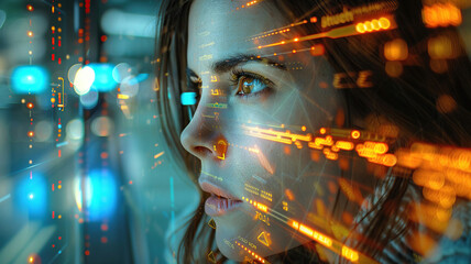 A woman looks at a high-tech screen.