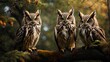 Enchanting duo two owls perched on a majestic tree - stunning 8k hd wallpaper  stock photographic image