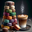 A towering stack of colorful macarons in various flavors is arranged next to a cup of latte art coffee that emits a swirl of steam