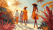 Tropical elegance: Stylish group dressed in vibrant orange walking along a beachside path with palm trees