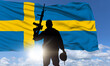 Silhouettes of soldiers with the Sweden flag on the sunset background. Concept of national holidays. Commemoration Day. 3d illustration.