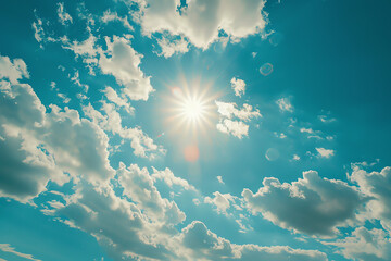 Wall Mural - Bright sun shining through fluffy clouds on a clear day