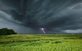 Fototapeta  - Dramatic thunderstorm over vibrant green field
