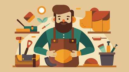 Leatherworking A leatherworker uses traditional tools and techniques to create beautiful and durable goods such as belts and bags from highquality. Vector illustration