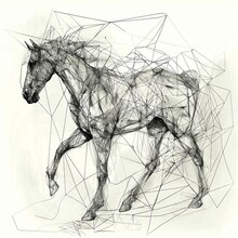 A Detailed Line Drawing Of A Horse In Motion On A White Background.