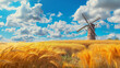 © muhammad - A historic windmill surrounded by golden wheat fields, under a vast blue sky with fluffy white clouds.