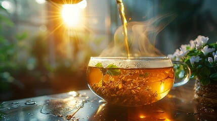 Wall Mural - Herbal tea leaves steeping, essence of nature, close up, warmth of healing, morning glow