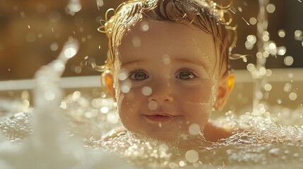 Poster - Baby's first bath, gentle washing, close up, cleansing ritual, warm water glow