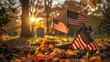 Autumn Tribute: National & Army Flags on Military Gravestone