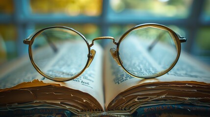 Poster - Reading glasses on a book, paused moment, close up, leisure in later years, soft window light 