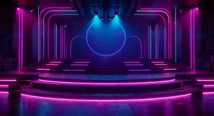 Wall Mural - Neonlit digital amphitheater in the Metaverse, hosting virtual gatherings and events.