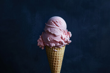 Wall Mural - soft pink ice cream scoop in a waffle cone on a dark textured background