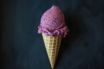 Wall Mural - double scoop of pink ice cream in waffle cone against dark backdrop