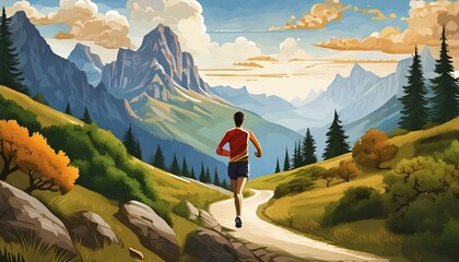 Wall Mural - A man wearing a sport dress running in the mountains	
