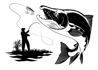 Canvas Print - River Fisherman Fishing Sockeye Salmon Black and White Illustration