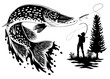 River Fishing Catching Pike in Black and White