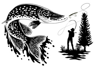 Wall Mural - River Fishing Catching Pike in Black and White