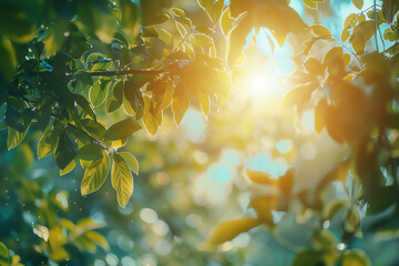 Wall Mural - Sunlight filtering through green leaves in a tranquil forest during the early morning