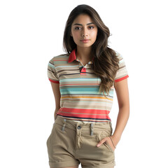 Front view mid shot of a charismatic Indian female model dressed in a casual striped polo shirt and khaki shorts, isolated on a white transparent background