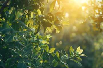 Wall Mural - Sunlight filtering through green leaves in a tranquil forest during the golden hour