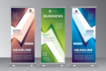 Roll up banner desing in blue, green and brown print ready colours, vetical banner template,  roll up bannner for project, event, presentation, conferance, meeting, 