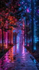 Wall Mural - Mystical Starlit Holograms Transforming Urban Park into Surreal Oasis of Technology and Magic