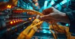 © Anutha - Tech expert connecting yellow cables to internet switch in network room, closeup shot of hands and wires with blurred high-tech background and LED lights