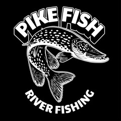 Wall Mural - Vintage Shirt Design of Pike Fish in Black and White Isolated