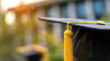 Wall Mural - Closeup Black graduation cap with yellow tassel on blurred background of university. Blurred banner copy space.