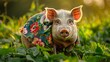 Elegant Porcine Royalty A Photogenic Pig Adorned in Baroque Floral Pattern Basks in Midday Sun Generative ai