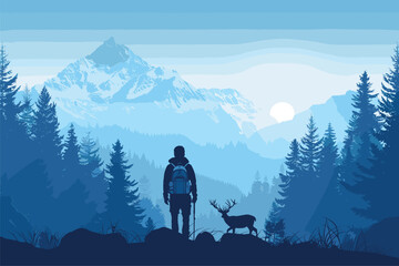 Silhouette of tourist in the mountains, Deer in the mountains background, Magical misty landscape background, Vector illustration