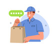 Delivery man, courier, postman holding, carrying delivery paper bag, order. Logistic worker delivering parcel to customer and receiving feedback. Vector illustration.