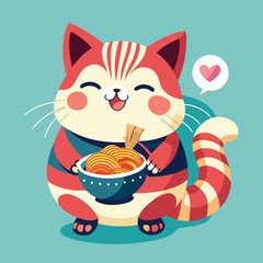  a cartoon cat with a bowl of noodles in it and a cat with a bowl of noodles in it
