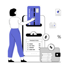 Wall Mural - Mobile banking concept. Сurrency exchange in a virtual wallet. Woman makes financial transactions and manages account and digital wallet in app. Vector illustration with line people for web design.