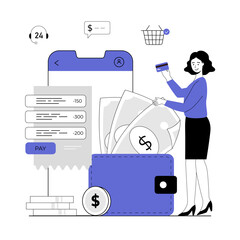 Wall Mural - Mobile banking concept. Digital wallet, paying system, mobile bank, money transfer. Woman with wallet, money, mobile app. Vector illustration with line people for web design.