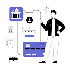 Wall Mural - Mobile banking app. Online money transfers and transactions. Man with credit card and login page on smartphone screen. Vector illustration with line people for web design.