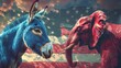 A blue donkey and red elephant on an American flag background.