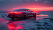Red Sports Car Driving on Beach at Sunset