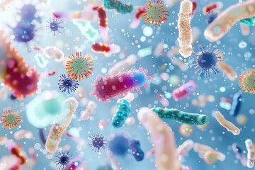 Abstract bacteria, probiotics, gram positive bacteria bacteria and viruses of various shapes against a light background. Concept of science, medicine. Microbiology background