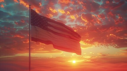 Wall Mural - USA Flag Waving in Sunset Sky - Patriotic Banner Against American Horizon