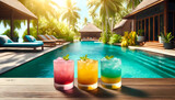 Fototapeta  - Three cocktail drinks of different colors, sitting on a wood table, with a luxurious tropical background.